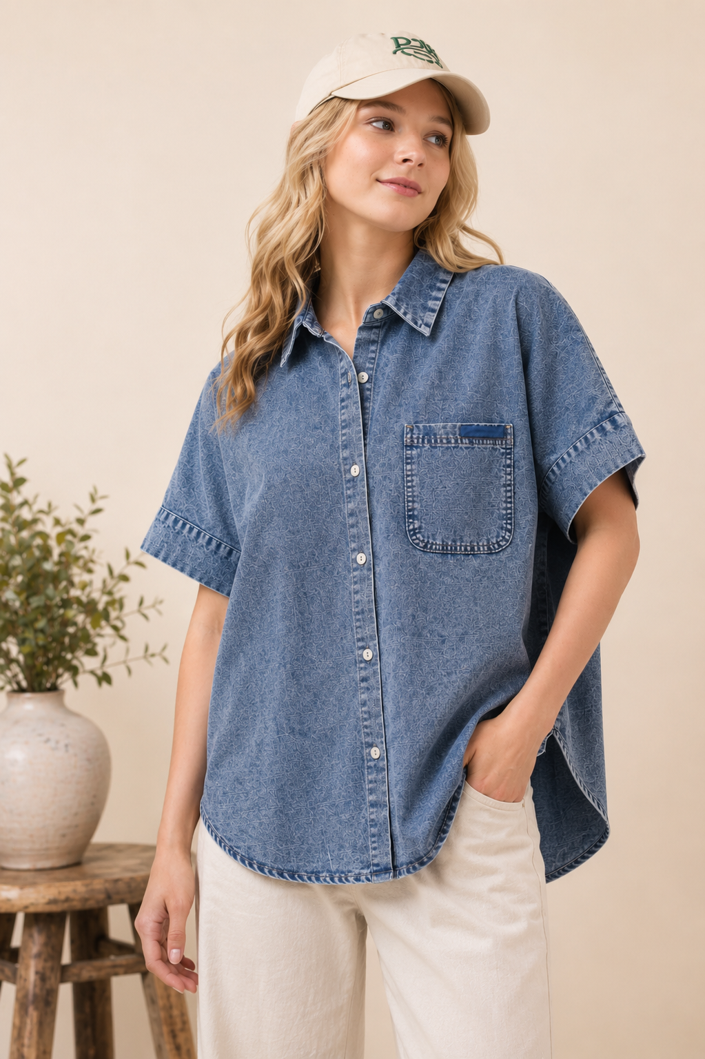 Mineral Washed Chambray Oversized Button Down Shirt