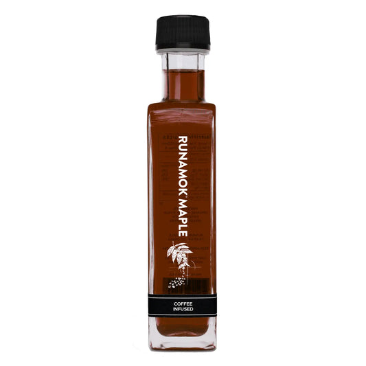 Side view of Runamok Coffee Infused Organic Maple Syrup bottle