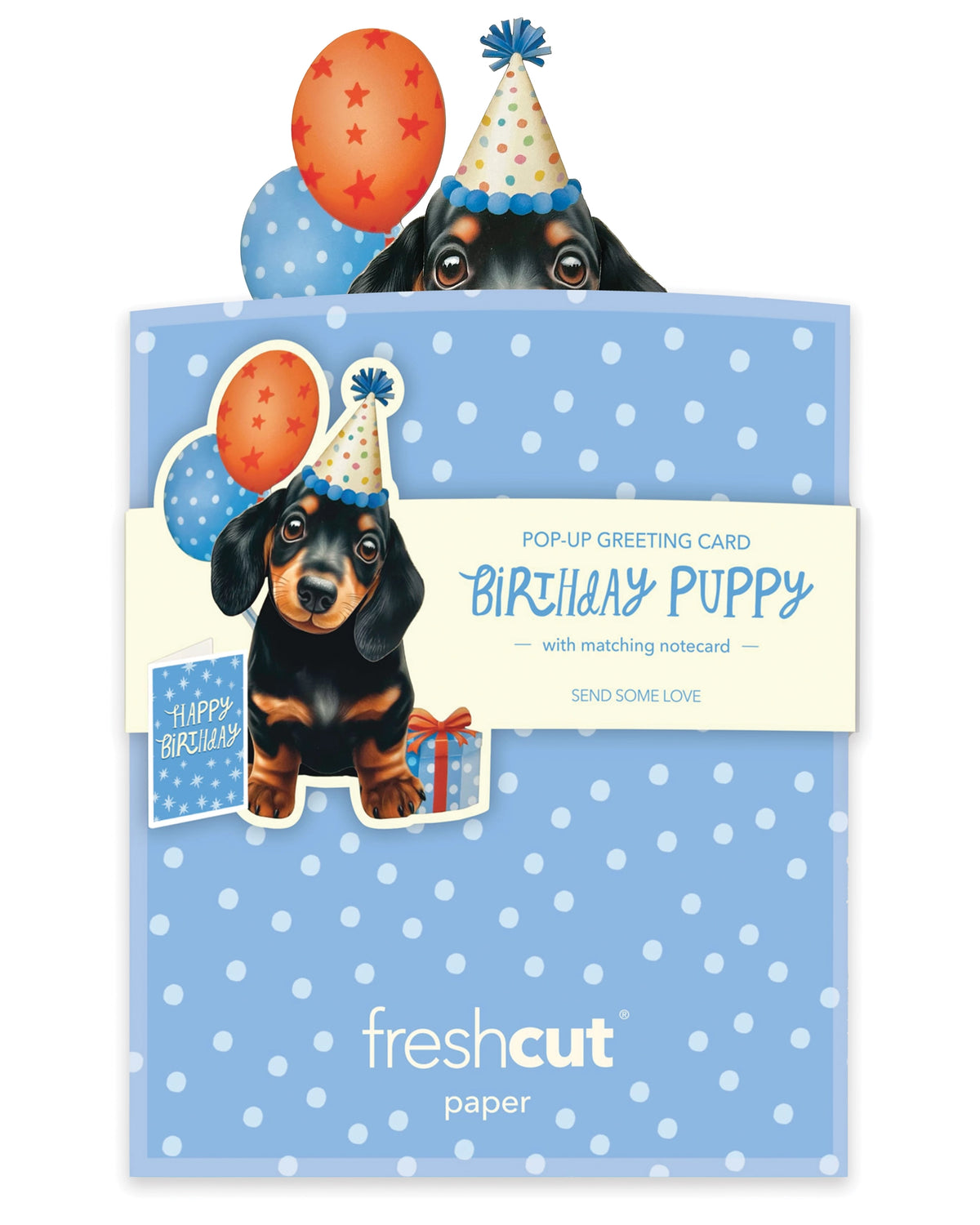 FreshCut Paper Mini Birthday Puppy 3D pop-up greeting card featuring a black and tan dachshund wearing a party hat with colorful birthday balloons and gift.