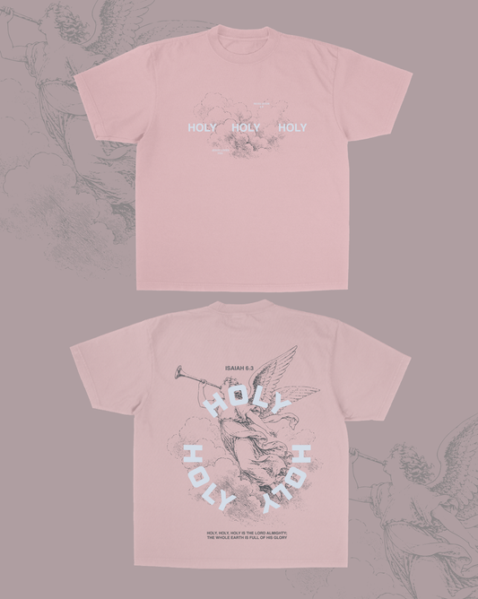 Front and back view of pink Isaiah 6:3 Holy Holy Holy Christian Bible verse tee