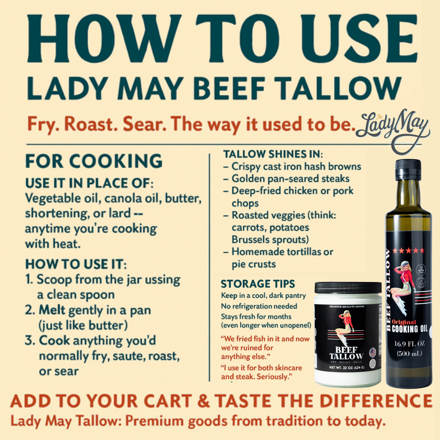 Lady May Original Grass-Fed Beef Tallow Cooking Oil – 16.9 oz