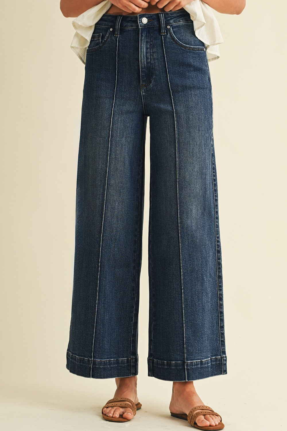 Women’s dark wash high rise tummy control wide leg jeans with front pintuck seams