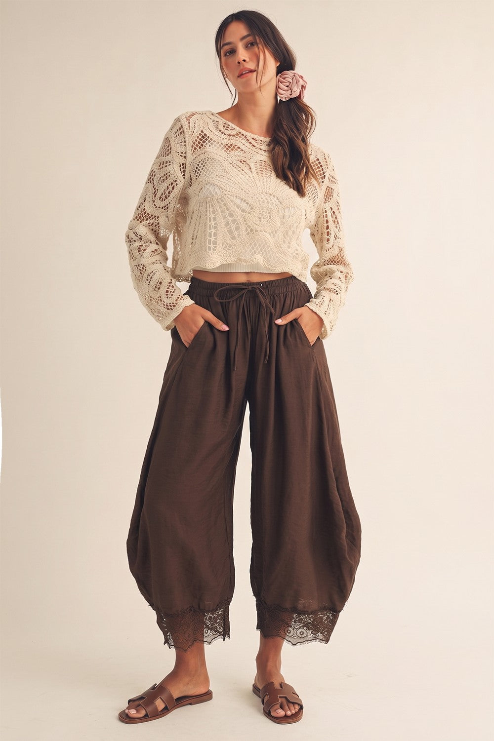 Women's chocolate brown boho barrel pants with lace hem and wide balloon leg