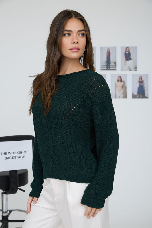 Side view of the Eliza Forest Green sweater with pointelle stitching and dropped shoulders