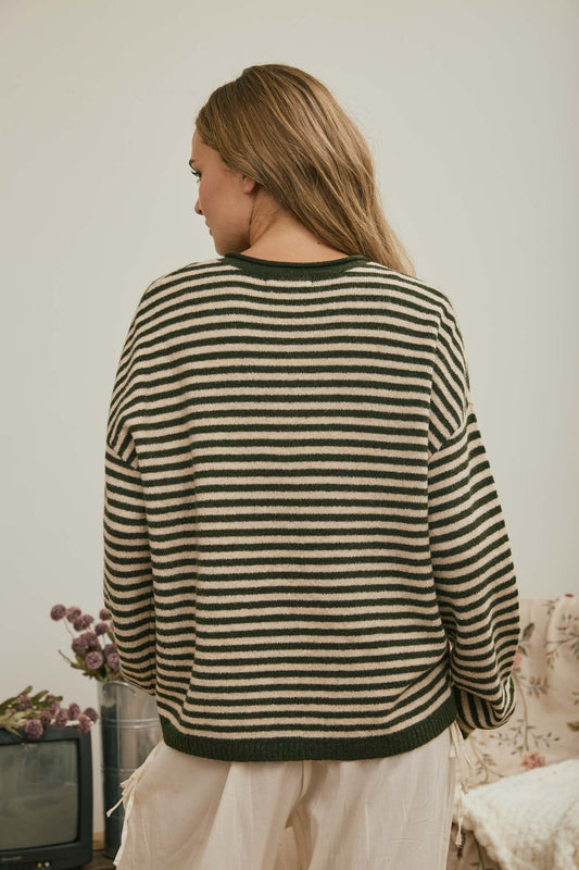 Back view of green and cream striped relaxed fit women’s sweater