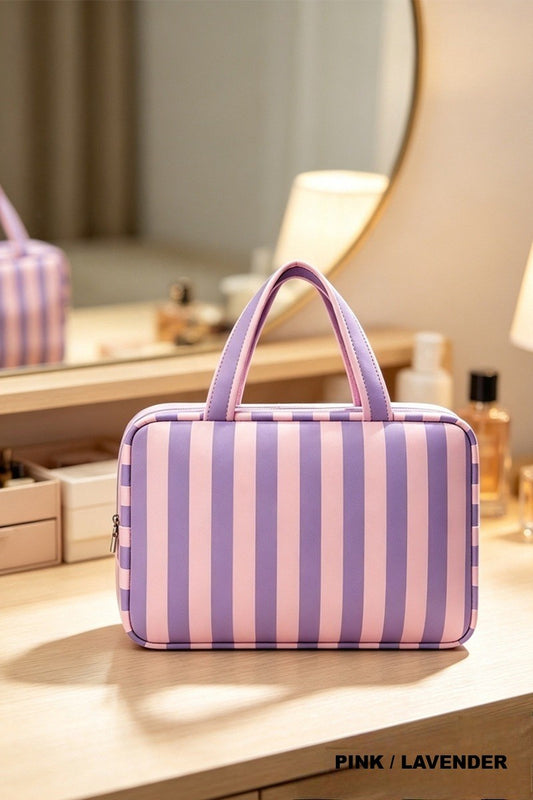 Pink and lavender striped hanging cosmetic and toiletry bag