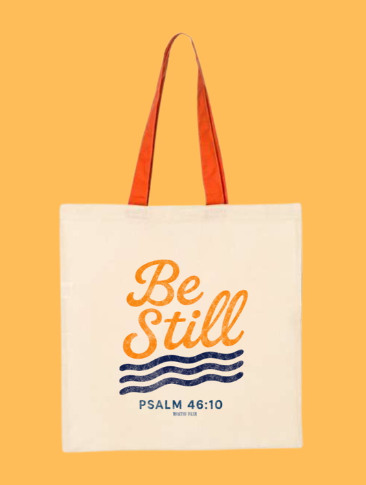 Be Still Psalm 46:10 Christian cotton canvas tote bag in cream orange and navy