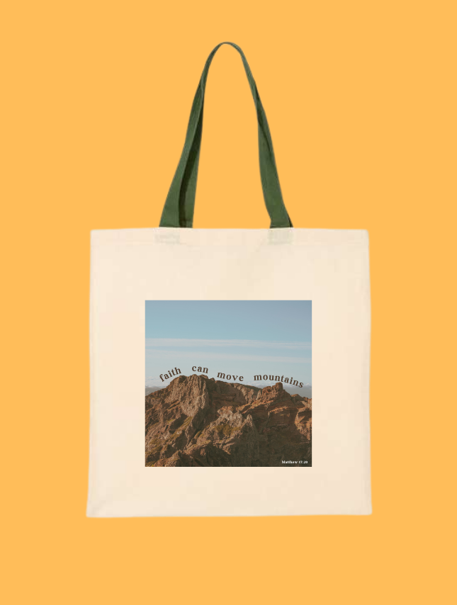 Faith Can Move Mountains Christian canvas tote bag with Matthew 17:20 mountain design