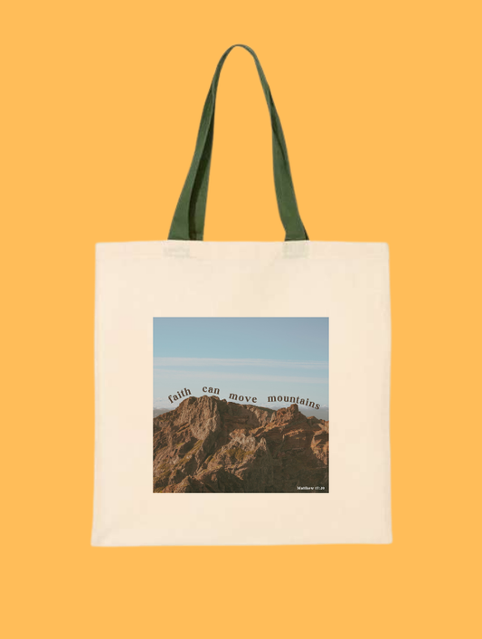 Faith Can Move Mountains Christian canvas tote bag with Matthew 17:20 mountain design