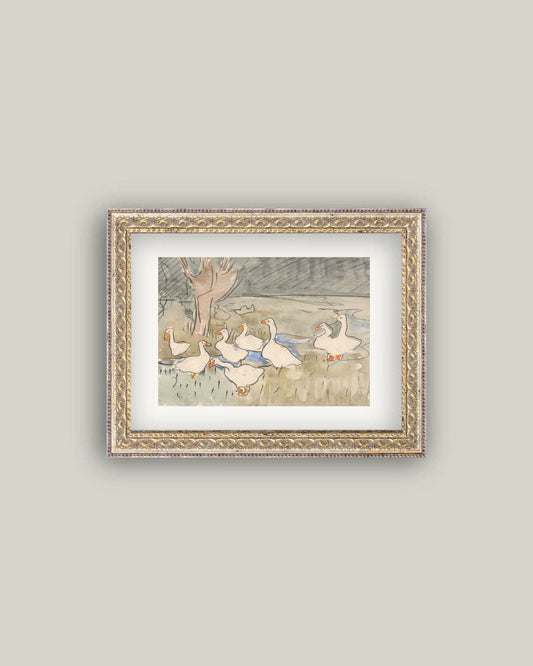 Spring Geese Framed Antique Art: 10X8
