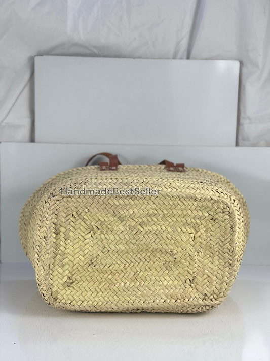 Handmade Square Straw Basket with Leather Handles: Brown