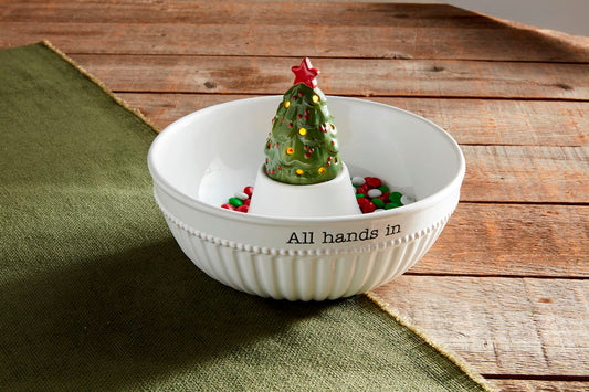 Mud Pie Musical Light-Up Christmas Tree Sitter with glowing LED lights, green ceramic branches and red star topper