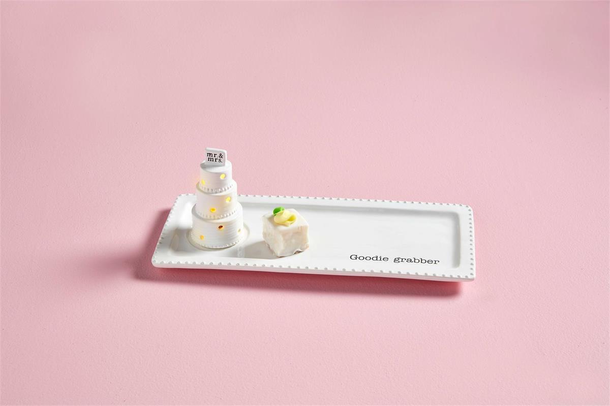 Mud Pie white ceramic accessories tray with beaded edge for displaying decorative light-up sitters