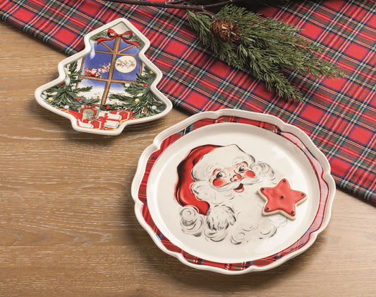 Vintage Santa round stoneware Christmas platter and Christmas tree shaped holiday serving platter by Mud Pie