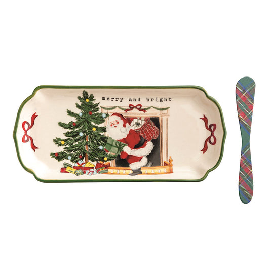 Mud Pie Merry and Bright Christmas stoneware tray with Santa, Christmas tree and green plaid spreader