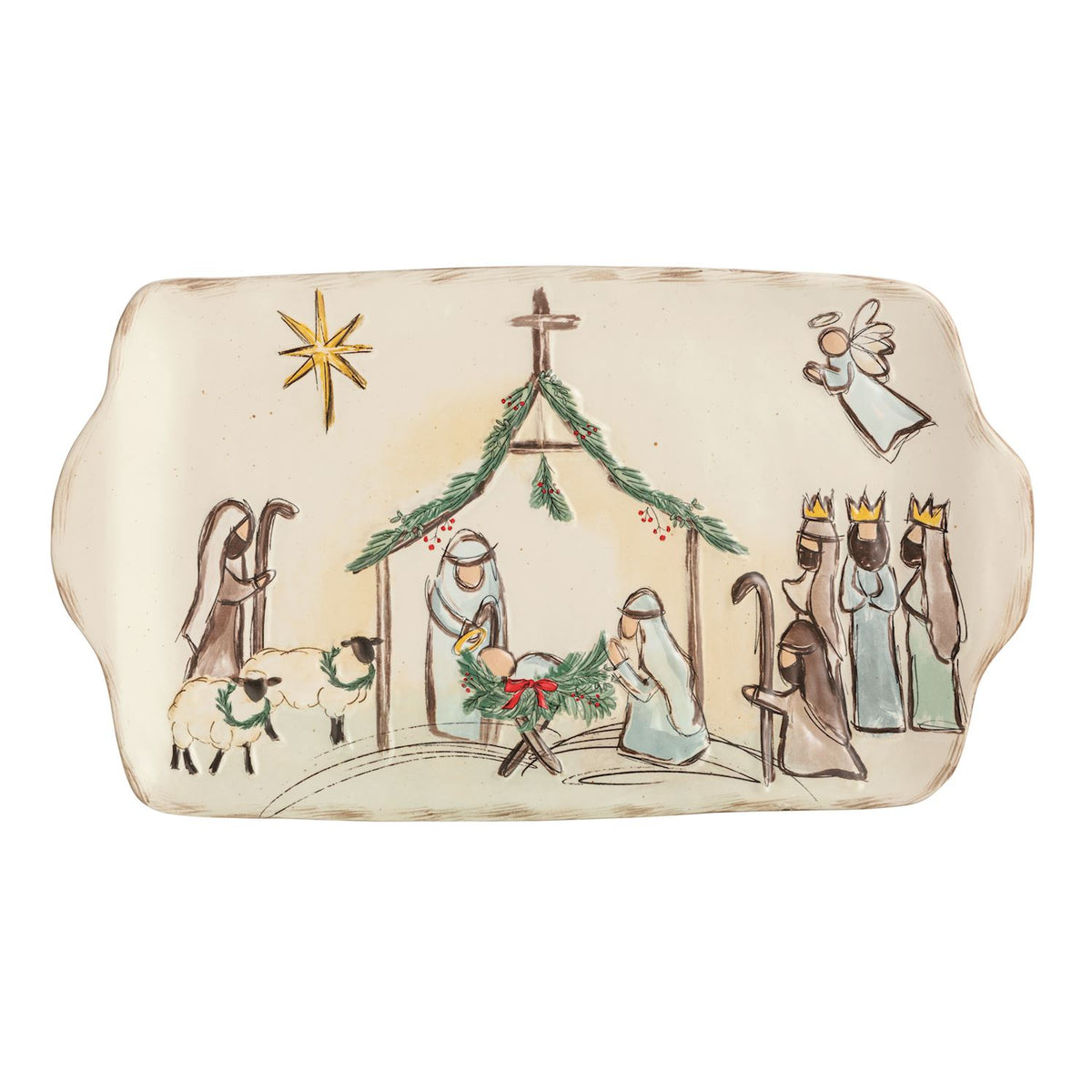 Mud Pie Nativity Christmas stoneware platter displayed on a rustic kitchen shelf beneath matching holiday mugs