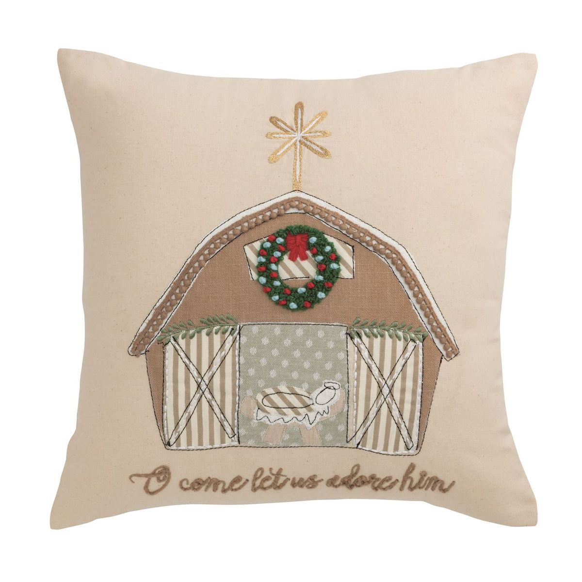 O Come Let Us Adore Him embroidered Nativity Christmas pillow with baby Jesus manger scene