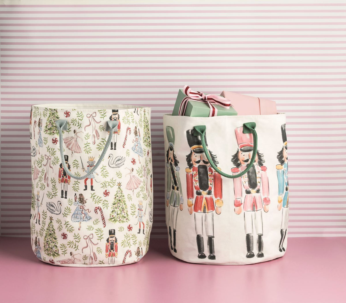 Two Mud Pie Nutcracker Christmas canvas tote bags featuring ballet and colorful nutcracker soldier designs