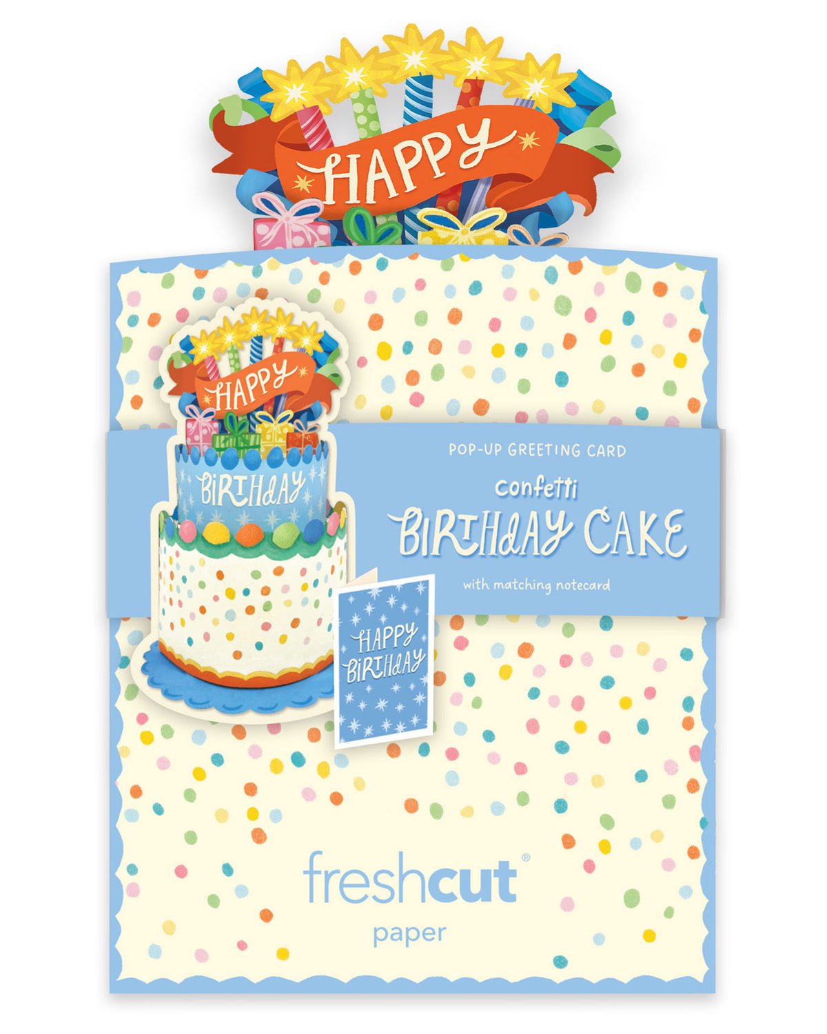 FreshCut Paper Mini Confetti Birthday Cake 3D pop-up greeting card featuring colorful polka dots, birthday candles, miniature gifts, and matching Happy Birthday notecard