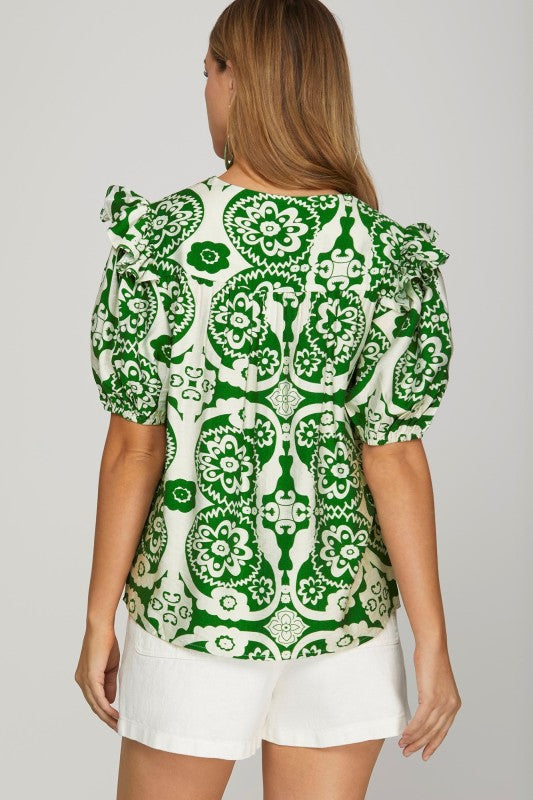Emerald Mosaic Puff Sleeve Top