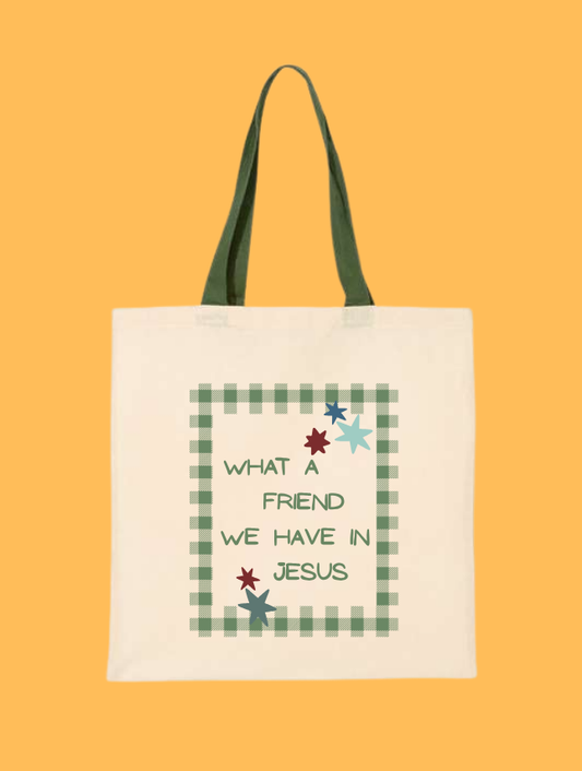 What a Friend We Have in Jesus Christian canvas tote with green gingham design