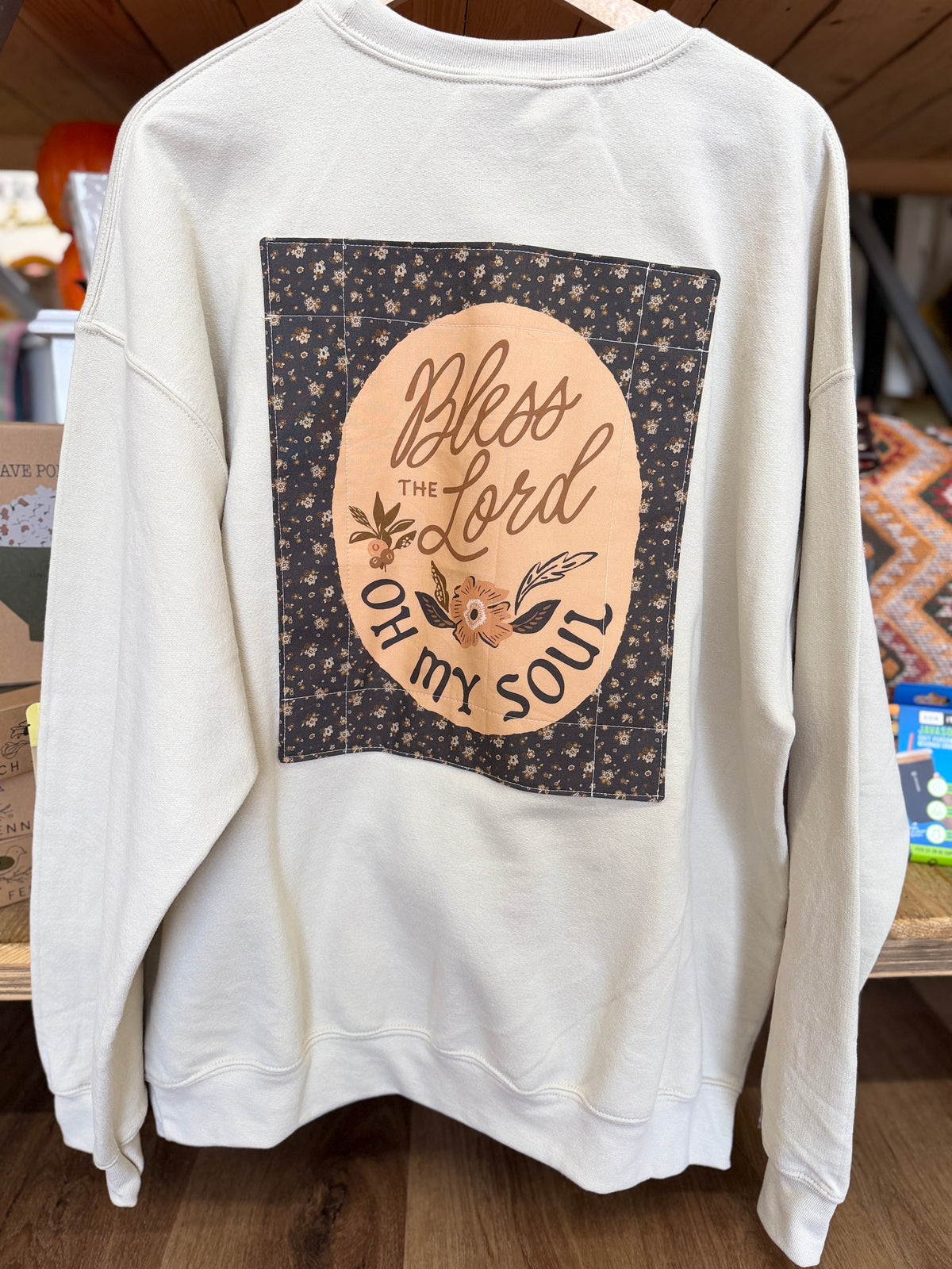 XL handmade quilted Christian sweatshirt with Bless the Lord O My Soul quilt panel