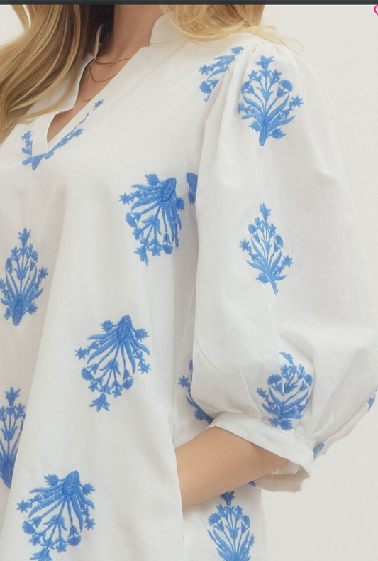 Blue Heirloom Embroidered Mini Dress