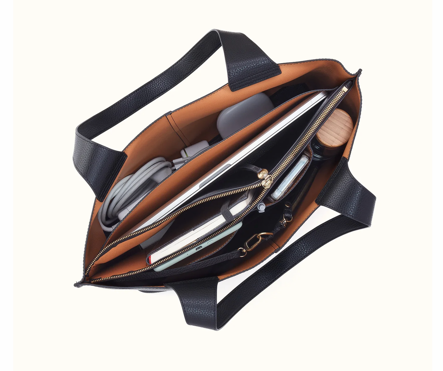 HOBO Vida Large Tote interior showing 16-inch laptop storage, zip compartment and everyday essentials