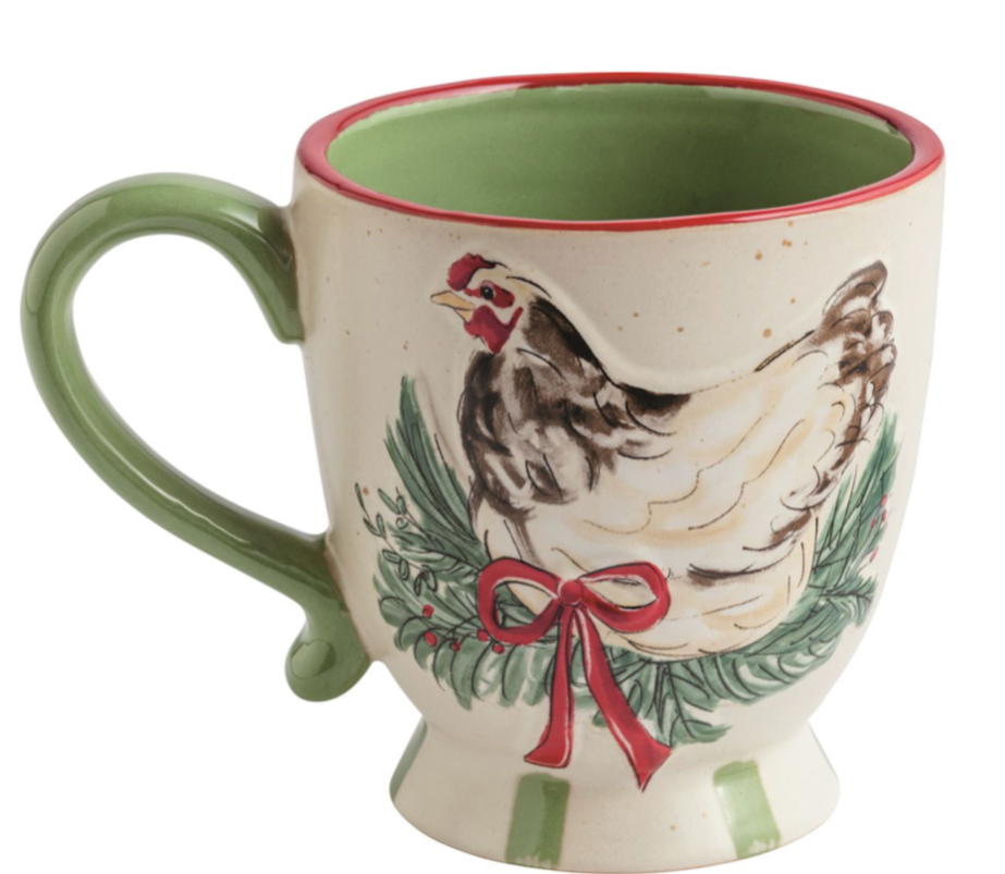 Mud Pie hand-painted Christmas chicken stoneware mug with greenery and red bow