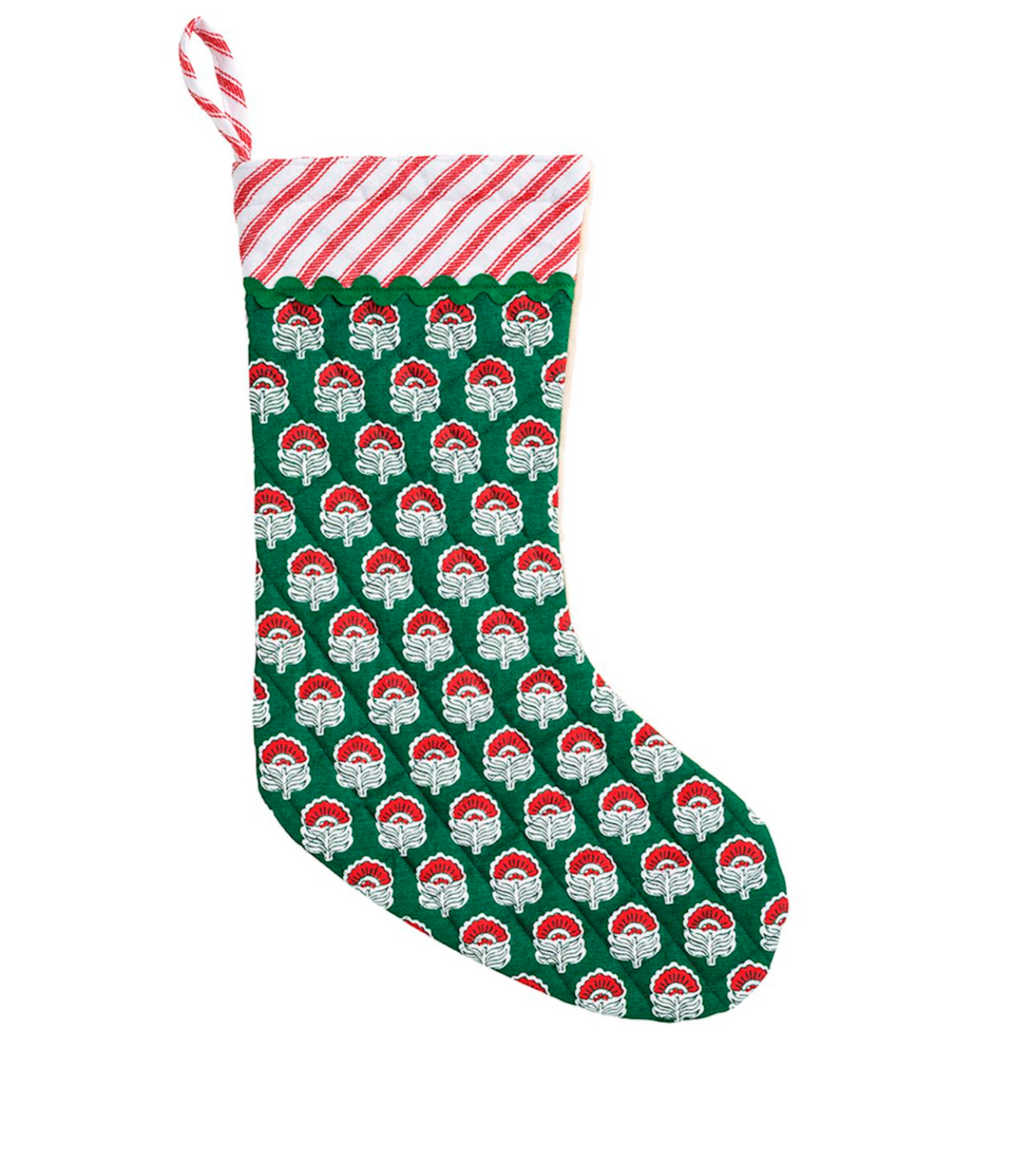 Green floral block print Christmas stocking with striped cuff and ric-rac trim