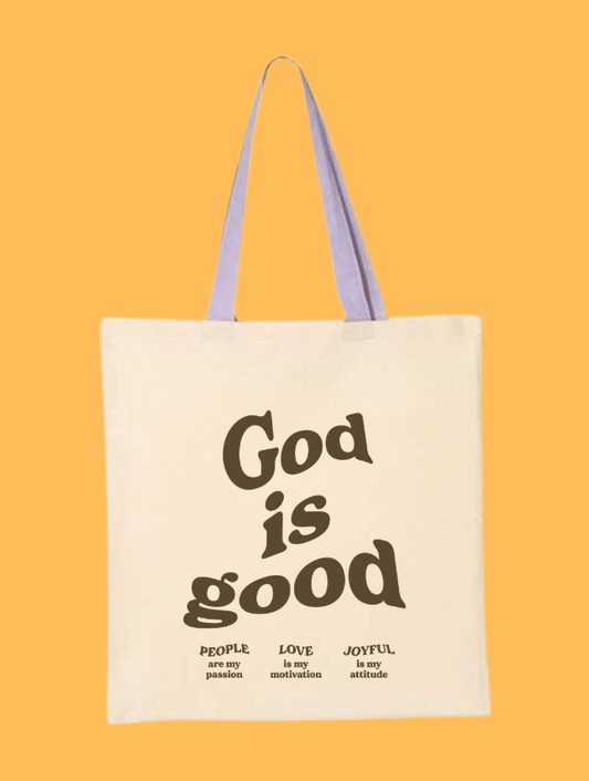 God Is Good Christian canvas tote bag with lavender handles and retro faith design