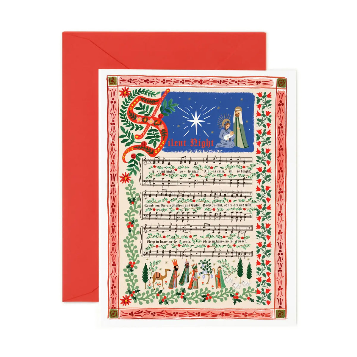 Rifle Paper Co. Silent Night Nativity Christmas greeting card featuring Christmas hymn sheet music, Mary, Joseph, baby Jesus, the Wise Men, festive floral illustrations, and a red envelope.