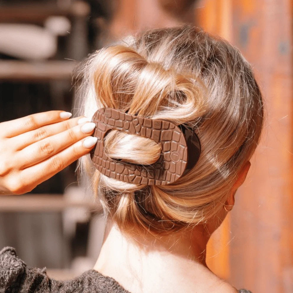 TELETIES Brown Crocodile flat claw clip styled in blonde hair updo