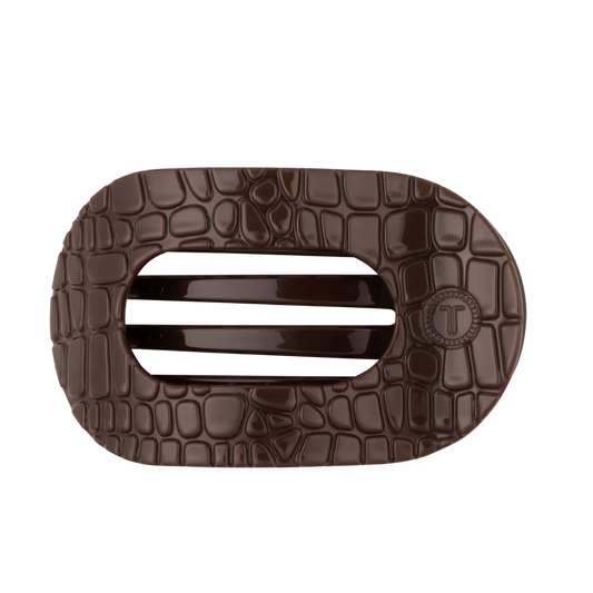 TELETIES Brown Crocodile Flat Round Hair Clip with embossed croc texture