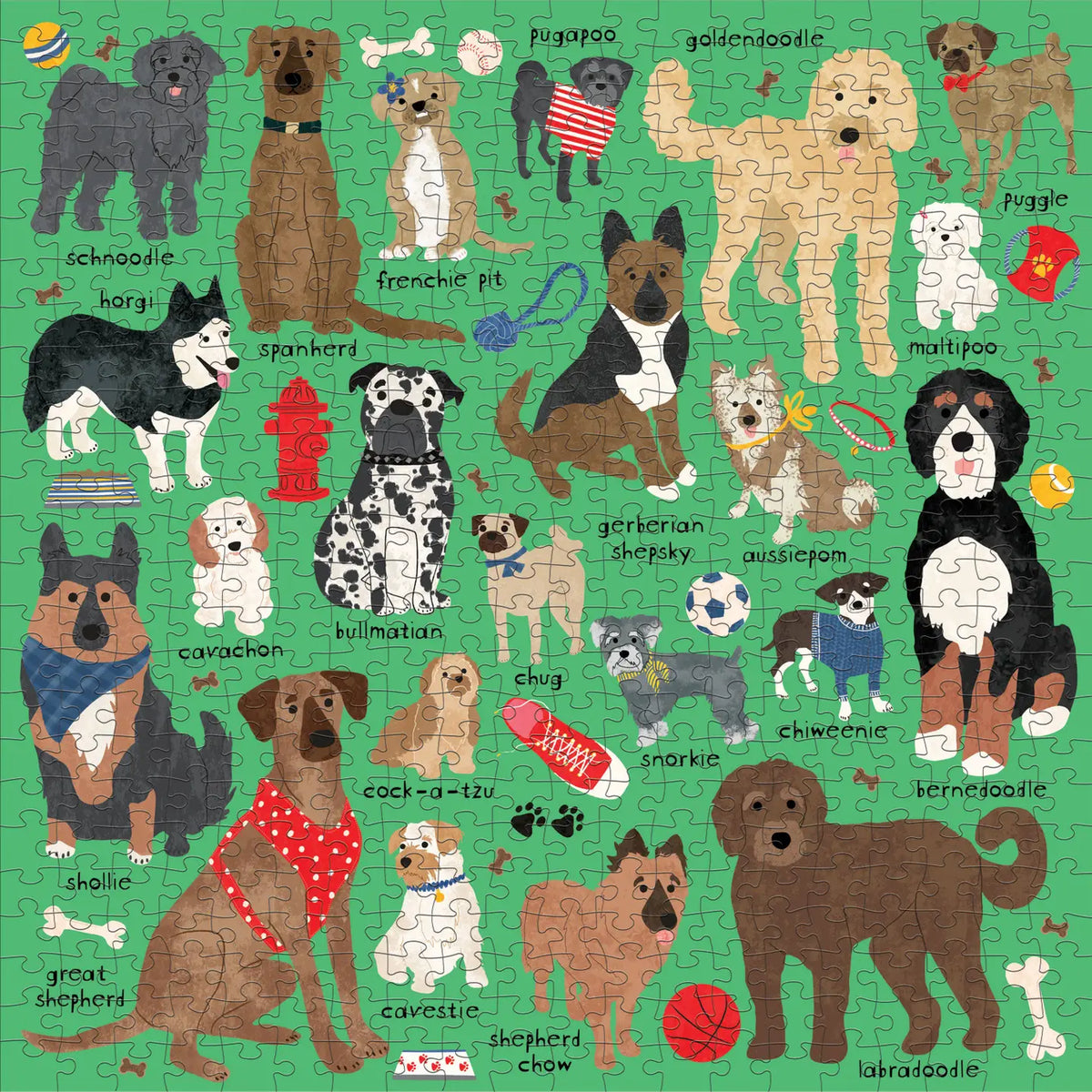 Mudpuppy Doodle Dogs 500 piece dog puzzle featuring 22 mixed breed dogs