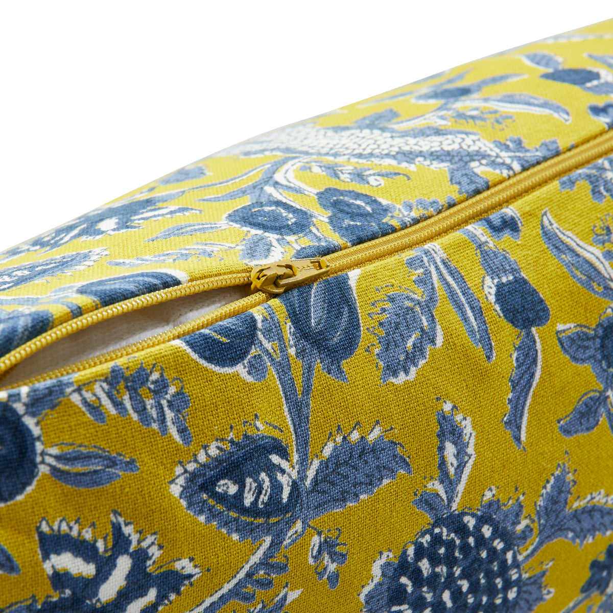 Blue and chartreuse 18 inch cotton floral throw pillow with white corner tassels