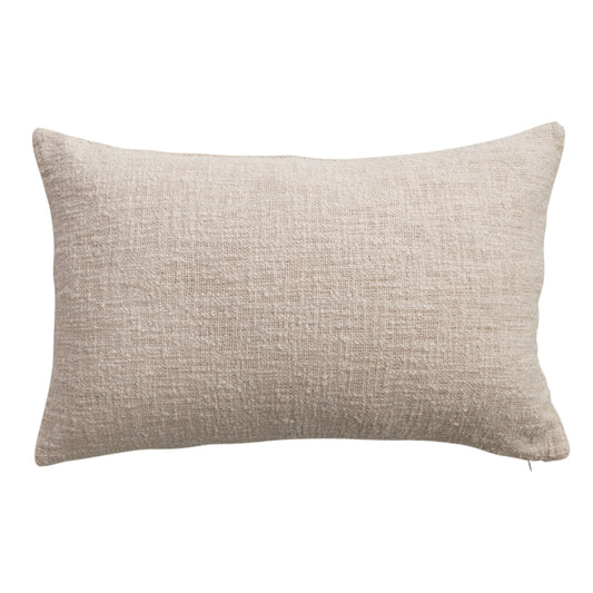 Colorful hand embroidered cotton lumbar pillow with multicolor stitching on natural cream fabric