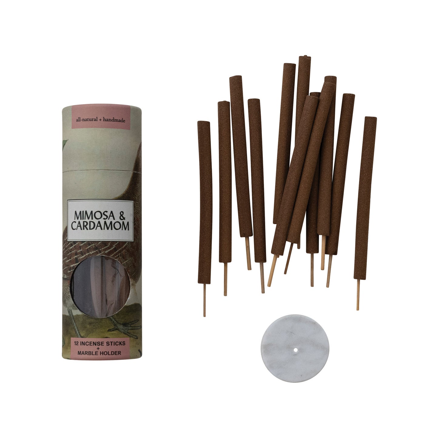 Mimosa and cardamom scented incense sticks with white marble incense holder and decorative packaging