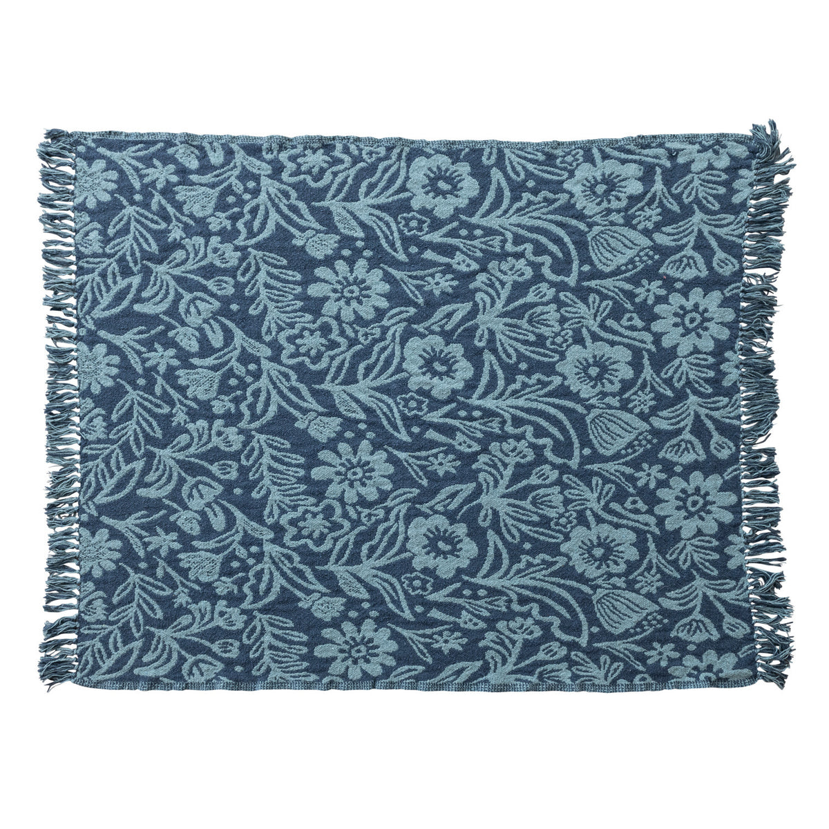 Blue floral woven throw blanket with fringe in recycled cotton blend