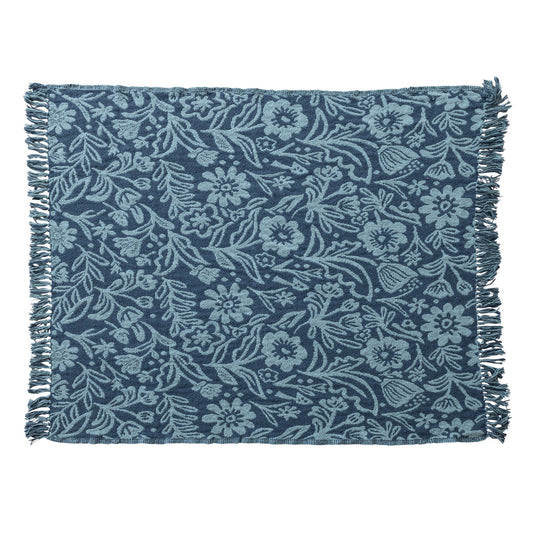 Blue floral woven throw blanket with fringe in recycled cotton blend