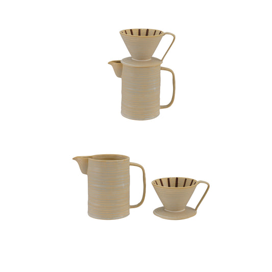 Cream ribbed stoneware pour over coffee maker with pot and dripper