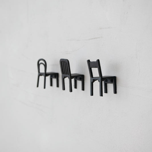 Black cast iron chair shaped wall hooks in Bentwood, Slat Back and Ladder Back styles