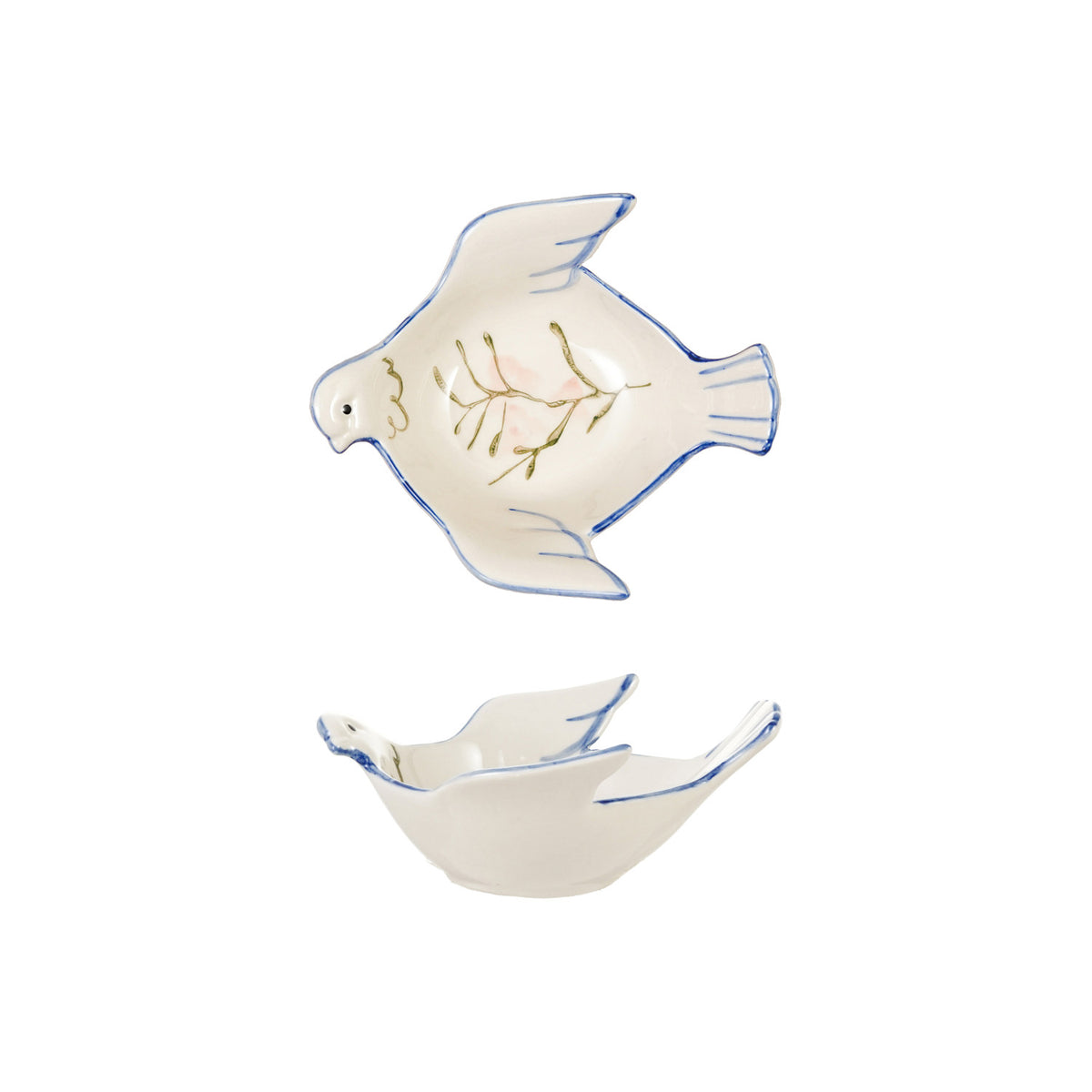 Hand-painted cream stoneware dove shaped bowl with blue trim, green branch and pink floral details