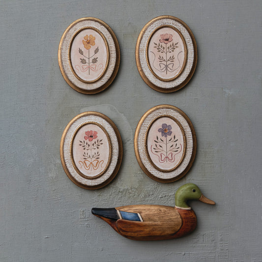 Hand-painted pine wood mallard duck wall decor with green head, brown body and blue wing detail