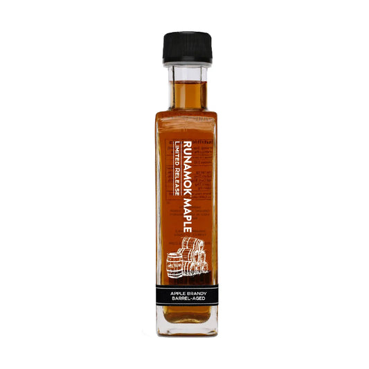 Side view of Runamok limited release Apple Brandy Barrel-Aged Maple Syrup