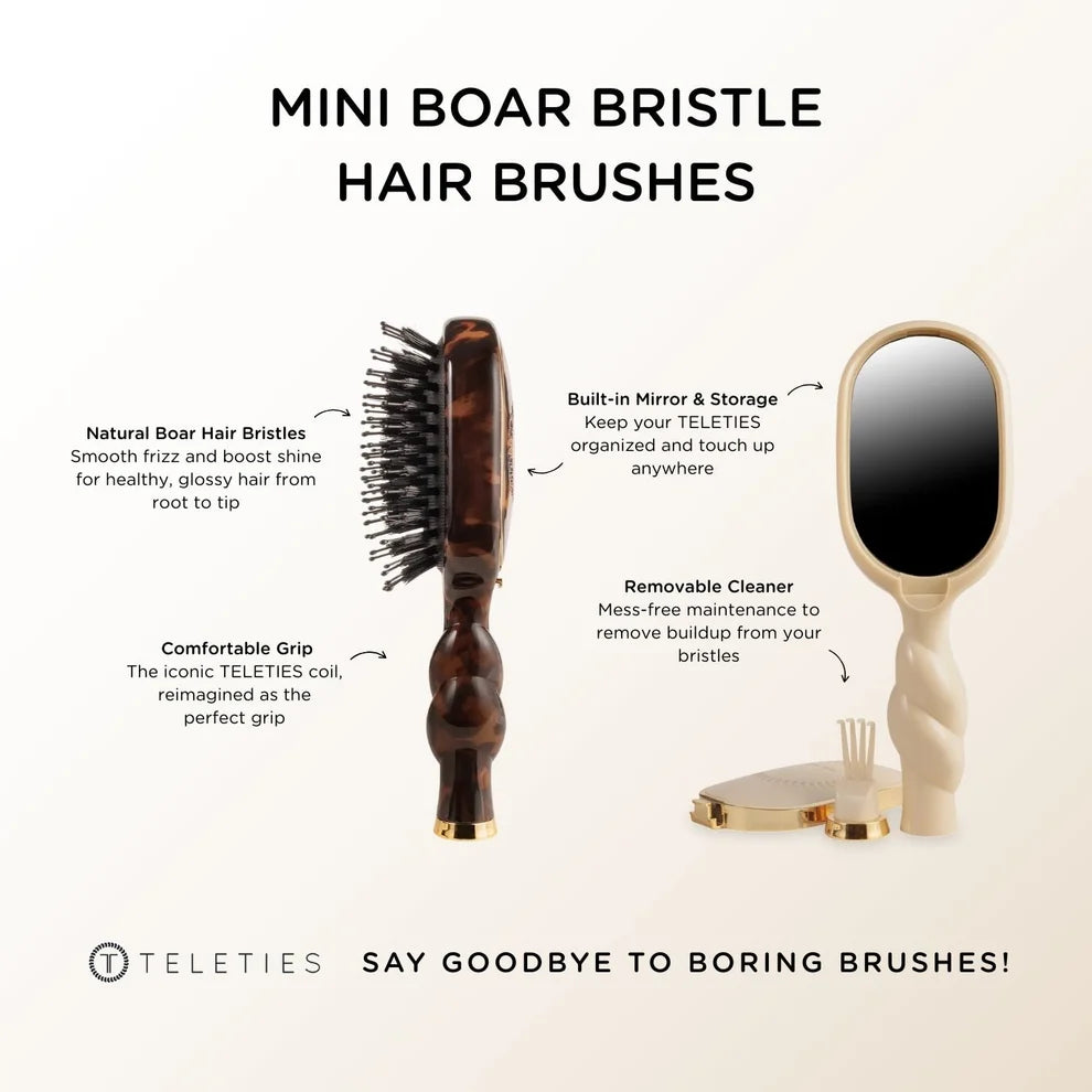 TELETIES Mini Boar Bristle Hair Brush features natural bristles built-in mirror storage and cleaner