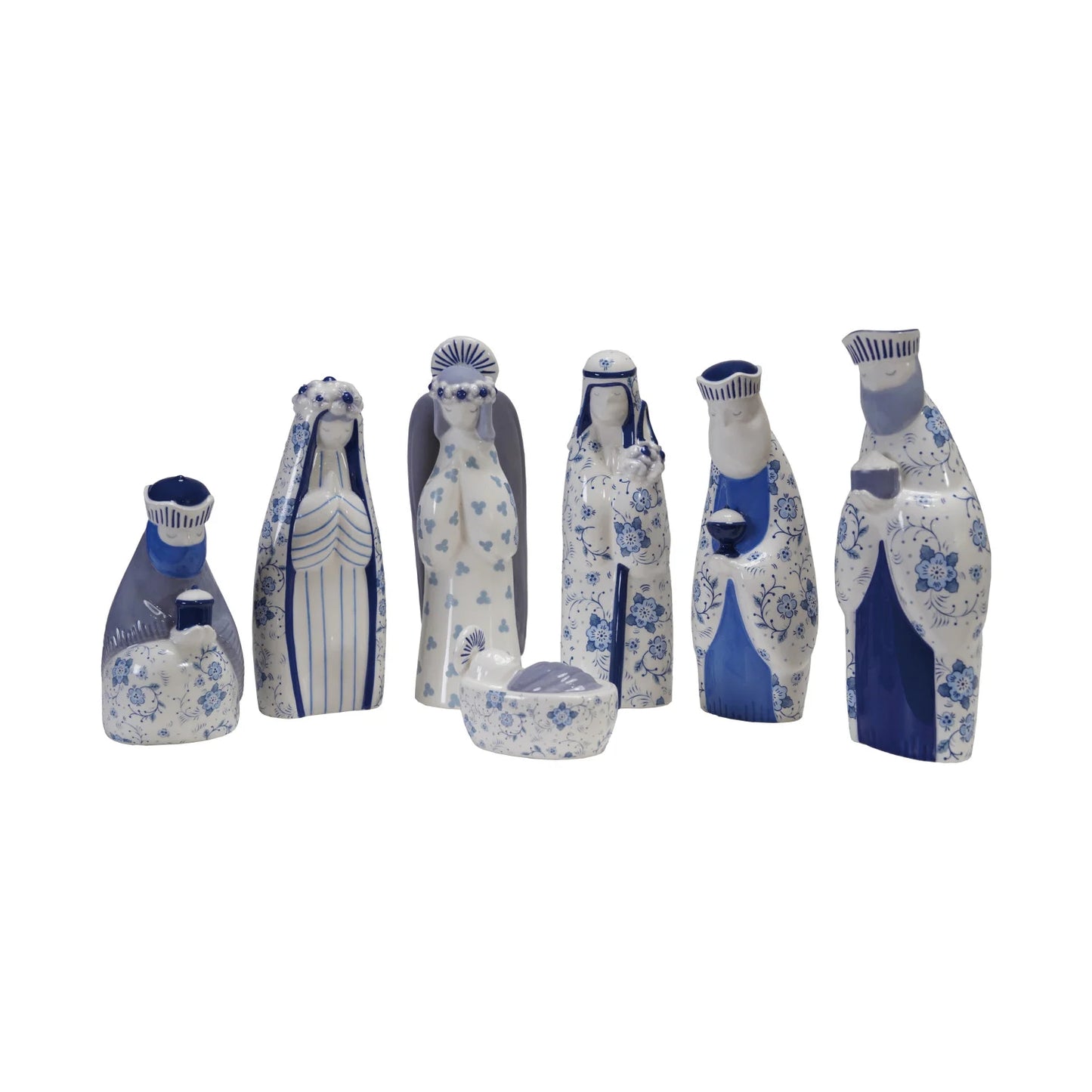 Seven piece blue and white ceramic Christmas Nativity set with floral pattern
