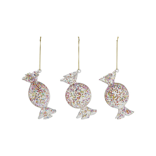 Clear glass wrapped candy Christmas ornaments with multicolor confetti details