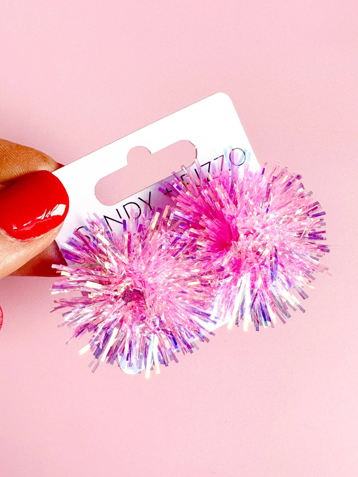 Pink Iridescent Tinsel Party Pom Stud