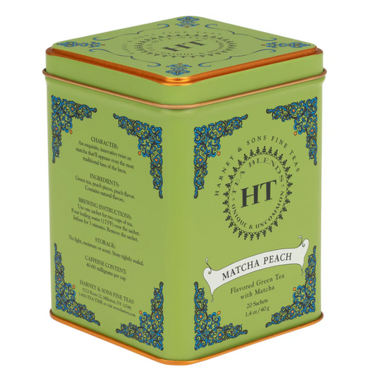 Harney and Sons Matcha Peach flavored green tea with matcha 20 sachet tin